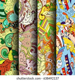Set of tracery colorful seamless patterns. Vertical stripes. Curved doodling backgrounds for textile or printing with mehndi and ethnic motives. Vector