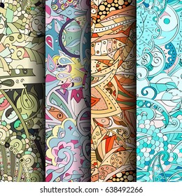 Set of tracery colorful seamless patterns. Vertical stripes. Curved doodling backgrounds for textile or printing with mehndi and ethnic motives. Vector