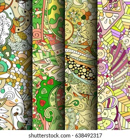 Set of tracery colorful seamless patterns. Vertical stripes. Curved doodling backgrounds for textile or printing with mehndi and ethnic motives. Vector