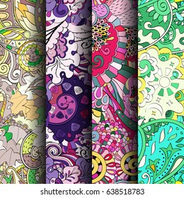 Set of tracery colorful seamless patterns. Vertical stripes. Curved doodling backgrounds for textile or printing with mehndi and ethnic motives. Vector