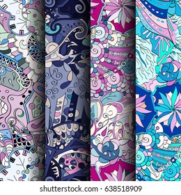 Set of tracery colorful seamless patterns. Vertical stripes. Curved doodling backgrounds for textile or printing with mehndi and ethnic motives. Vector