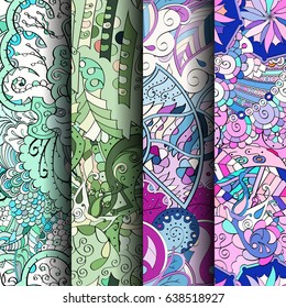 Set of tracery colorful seamless patterns. Vertical stripes. Curved doodling backgrounds for textile or printing with mehndi and ethnic motives. Vector