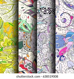 Set of tracery colorful seamless patterns. Vertical stripes. Curved doodling backgrounds for textile or printing with mehndi and ethnic motives. Vector