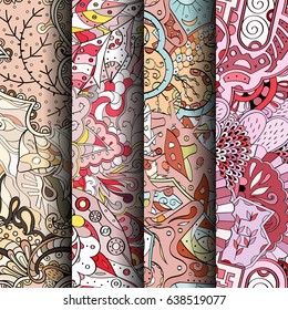 Set of tracery colorful seamless patterns. Vertical stripes. Curved doodling backgrounds for textile or printing with mehndi and ethnic motives. Vector