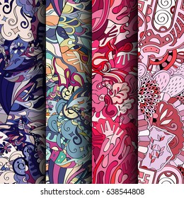 Set of tracery colorful seamless patterns. Vertical stripes. Curved doodling backgrounds for textile or printing with mehndi and ethnic motives. Vector