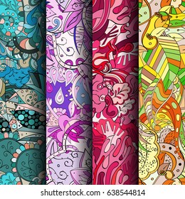 Set of tracery colorful seamless patterns. Vertical stripes. Curved doodling backgrounds for textile or printing with mehndi and ethnic motives. Vector