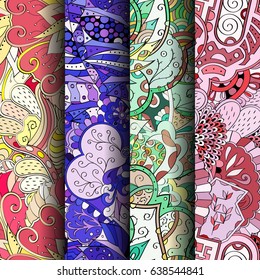 Set of tracery colorful seamless patterns. Vertical stripes. Curved doodling backgrounds for textile or printing with mehndi and ethnic motives. Vector