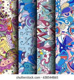 Set of tracery colorful seamless patterns. Vertical stripes. Curved doodling backgrounds for textile or printing with mehndi and ethnic motives. Vector