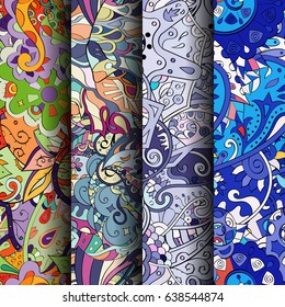 Set of tracery colorful seamless patterns. Vertical stripes. Curved doodling backgrounds for textile or printing with mehndi and ethnic motives. Vector