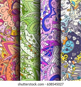 Set of tracery colorful seamless patterns. Vertical stripes. Curved doodling backgrounds for textile or printing with mehndi and ethnic motives. Vector
