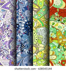 Set of tracery colorful seamless patterns. Vertical stripes. Curved doodling backgrounds for textile or printing with mehndi and ethnic motives. Vector