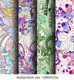 Set of tracery colorful seamless patterns. Vertical stripes. Curved doodling backgrounds for textile or printing with mehndi and ethnic motives. Vector
