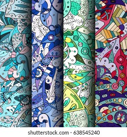 Set of tracery colorful seamless patterns. Vertical stripes. Curved doodling backgrounds for textile or printing with mehndi and ethnic motives. Vector