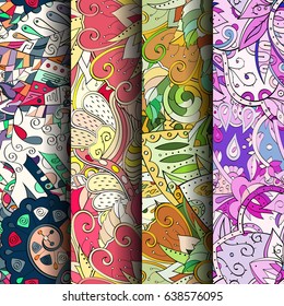 Set of tracery colorful seamless patterns. Vertical stripes. Curved doodling backgrounds for textile or printing with mehndi and ethnic motives. Vector