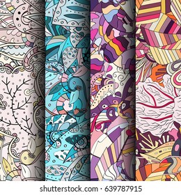 Set of tracery colorful seamless patterns. Vertical stripes. Curved doodling backgrounds for textile or printing with mehndi and ethnic motives. Vector