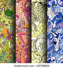 Set of tracery colorful seamless patterns. Vertical stripes. Curved doodling backgrounds for textile or printing with mehndi and ethnic motives. Vector