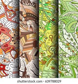 Set of tracery colorful seamless patterns. Vertical stripes. Curved doodling backgrounds for textile or printing with mehndi and ethnic motives. Vector