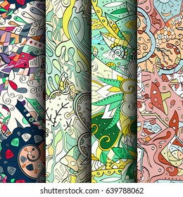 Set of tracery colorful seamless patterns. Vertical stripes. Curved doodling backgrounds for textile or printing with mehndi and ethnic motives. Vector