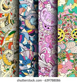 Set of tracery colorful seamless patterns. Vertical stripes. Curved doodling backgrounds for textile or printing with mehndi and ethnic motives. Vector