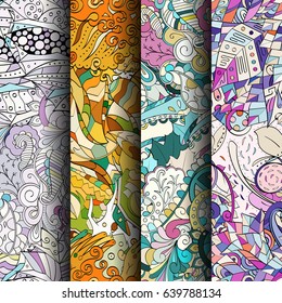 Set of tracery colorful seamless patterns. Vertical stripes. Curved doodling backgrounds for textile or printing with mehndi and ethnic motives. Vector