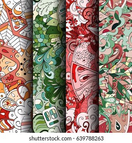 Set of tracery colorful seamless patterns. Vertical stripes. Curved doodling backgrounds for textile or printing with mehndi and ethnic motives. Vector