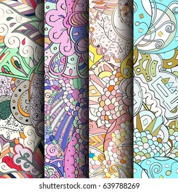 Set of tracery colorful seamless patterns. Vertical stripes. Curved doodling backgrounds for textile or printing with mehndi and ethnic motives. Vector