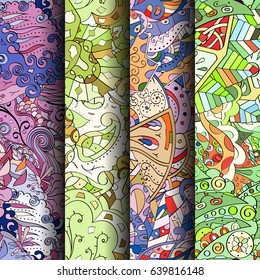 Set of tracery colorful seamless patterns. Vertical stripes. Curved doodling backgrounds for textile or printing with mehndi and ethnic motives. Vector