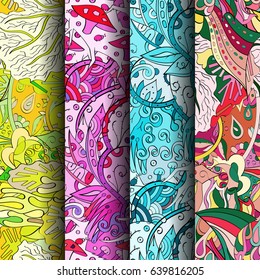 Set of tracery colorful seamless patterns. Vertical stripes. Curved doodling backgrounds for textile or printing with mehndi and ethnic motives. Vector