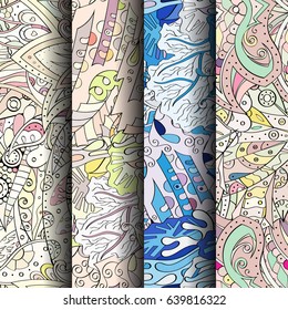 Set of tracery colorful seamless patterns. Vertical stripes. Curved doodling backgrounds for textile or printing with mehndi and ethnic motives. Vector