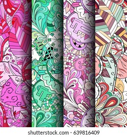 Set of tracery colorful seamless patterns. Vertical stripes. Curved doodling backgrounds for textile or printing with mehndi and ethnic motives. Vector