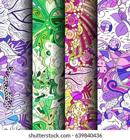 Set of tracery colorful seamless patterns. Vertical stripes. Curved doodling backgrounds for textile or printing with mehndi and ethnic motives. Vector