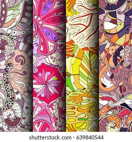 Set of tracery colorful seamless patterns. Vertical stripes. Curved doodling backgrounds for textile or printing with mehndi and ethnic motives. Vector