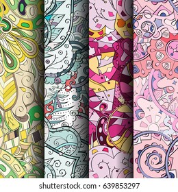 Set of tracery colorful seamless patterns. Vertical stripes. Curved doodling backgrounds for textile or printing with mehndi and ethnic motives. Vector
