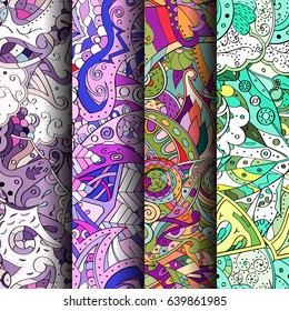 Set of tracery colorful seamless patterns. Vertical stripes. Curved doodling backgrounds for textile or printing with mehndi and ethnic motives. Vector
