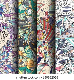Set of tracery colorful seamless patterns. Vertical stripes. Curved doodling backgrounds for textile or printing with mehndi and ethnic motives. Vector