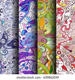 Set of tracery colorful seamless patterns. Vertical stripes. Curved doodling backgrounds for textile or printing with mehndi and ethnic motives. Vector
