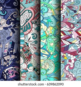 Set of tracery colorful seamless patterns. Vertical stripes. Curved doodling backgrounds for textile or printing with mehndi and ethnic motives. Vector