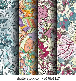 Set of tracery colorful seamless patterns. Vertical stripes. Curved doodling backgrounds for textile or printing with mehndi and ethnic motives. Vector