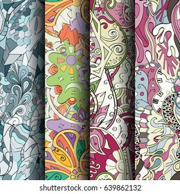 Set of tracery colorful seamless patterns. Vertical stripes. Curved doodling backgrounds for textile or printing with mehndi and ethnic motives. Vector