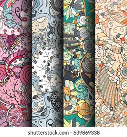 Set of tracery colorful seamless patterns. Vertical stripes. Curved doodling backgrounds for textile or printing with mehndi and ethnic motives. Vector