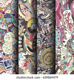 Set of tracery colorful seamless patterns. Vertical stripes. Curved doodling backgrounds for textile or printing with mehndi and ethnic motives. Vector