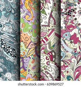 Set of tracery colorful seamless patterns. Vertical stripes. Curved doodling backgrounds for textile or printing with mehndi and ethnic motives. Vector
