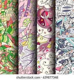 Set of tracery colorful seamless patterns. Vertical stripes. Curved doodling backgrounds for textile or printing with mehndi and ethnic motives. Vector