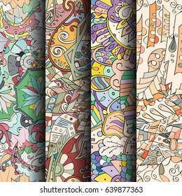 Set of tracery colorful seamless patterns. Vertical stripes. Curved doodling backgrounds for textile or printing with mehndi and ethnic motives. Vector