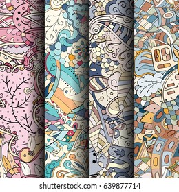 Set of tracery colorful seamless patterns. Vertical stripes. Curved doodling backgrounds for textile or printing with mehndi and ethnic motives. Vector