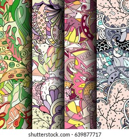 Set of tracery colorful seamless patterns. Vertical stripes. Curved doodling backgrounds for textile or printing with mehndi and ethnic motives. Vector