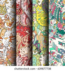 Set of tracery colorful seamless patterns. Vertical stripes. Curved doodling backgrounds for textile or printing with mehndi and ethnic motives. Vector