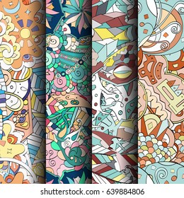 Set of tracery colorful seamless patterns. Vertical stripes. Curved doodling backgrounds for textile or printing with mehndi and ethnic motives. Vector