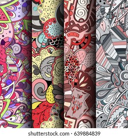 Set of tracery colorful seamless patterns. Vertical stripes. Curved doodling backgrounds for textile or printing with mehndi and ethnic motives. Vector