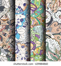 Set of tracery colorful seamless patterns. Vertical stripes. Curved doodling backgrounds for textile or printing with mehndi and ethnic motives. Vector